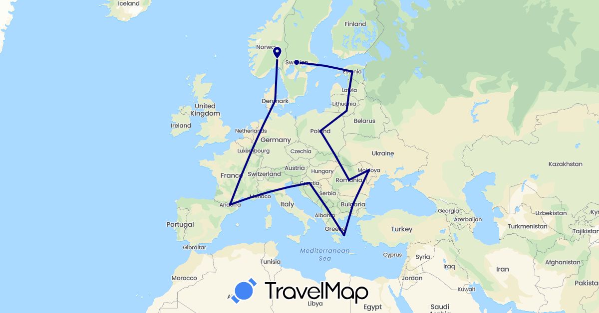 TravelMap itinerary: driving in Andorra, Bulgaria, Denmark, Estonia, Greece, Croatia, Lithuania, Latvia, Moldova, Norway, Poland, Romania, Sweden (Europe)